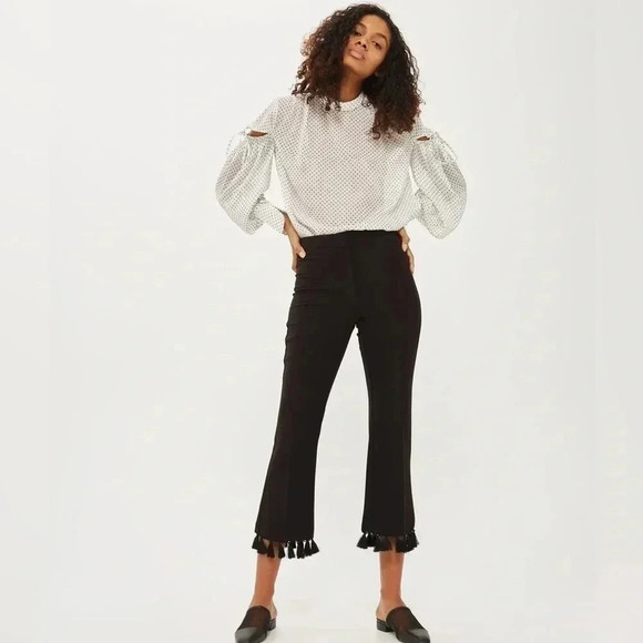 Topshop Tassel  Hem Kick Flare Trousers Black Cropped Pants Size 4 NWOT - Picture 2 of 16